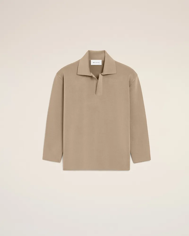 AMI Paris Beigefarbenes Langarm-Polohemd aus Wolle Beige für Herren Taupegrau