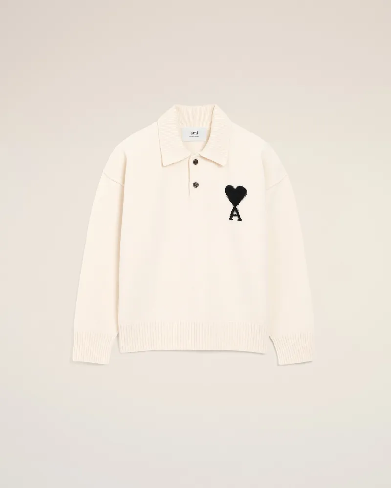 AMI Paris Ami De Coeur Polohemd aus weißer Wolle Weiß Unisex Offweiss