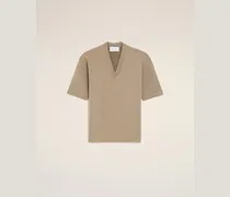 Beigefarbener Pullover aus Wolle mit kurzen Ärmeln und V-Ausschnitt Beige für Damen