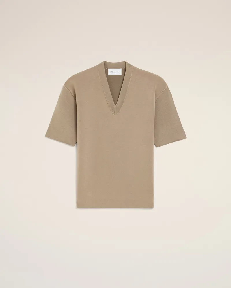 AMI Paris Beigefarbener Pullover aus Wolle mit kurzen Ärmeln und V-Ausschnitt Beige für Damen Taupegrau