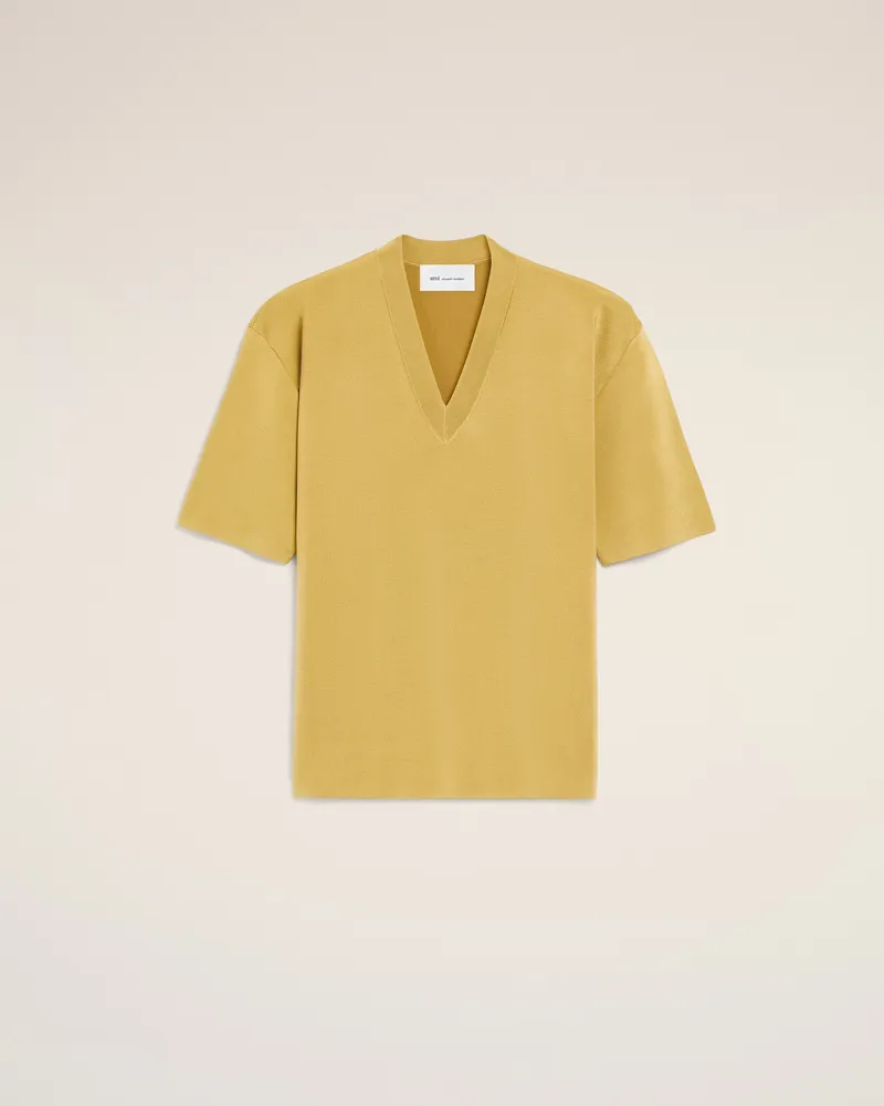 AMI Paris Gelber Pullover aus Wolle mit kurzen Ärmeln und V-Ausschnitt Gelb für Damen Pastellgelb