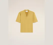 Gelber Pullover aus Wolle mit kurzen Ärmeln und V-Ausschnitt Gelb für Damen