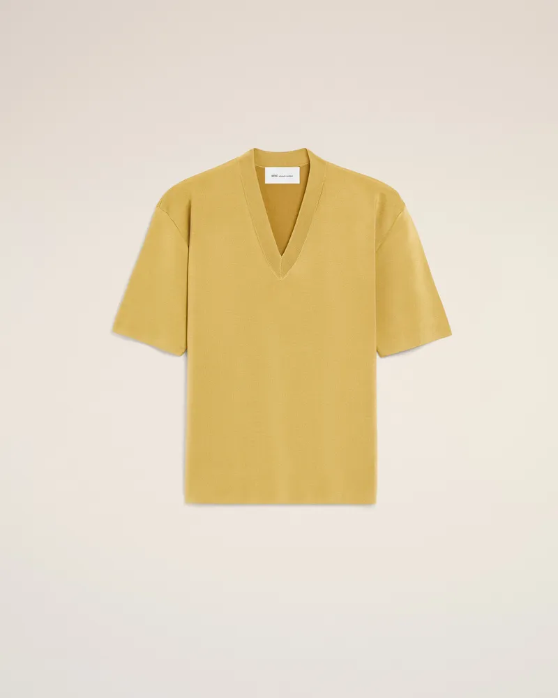 AMI Paris Gelber Pullover aus Wolle mit kurzen Ärmeln und V-Ausschnitt Gelb für Damen Pastellgelb