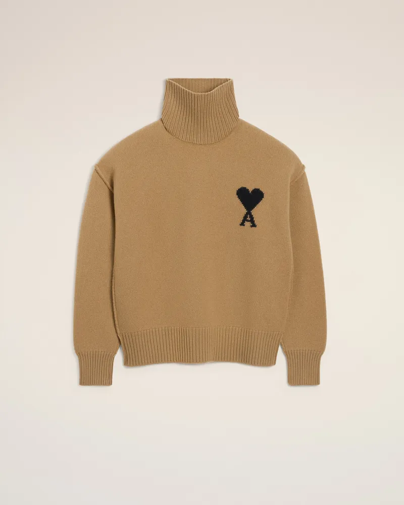 AMI Paris Ami De Coeur Pullover mit hohem Stehkragen aus Wolle in Braun Braun Unisex Camel