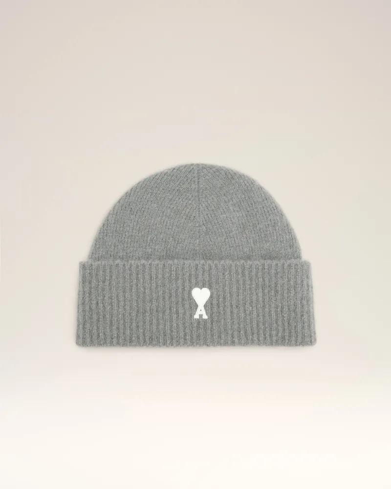 AMI Paris Gestreifte Ami De Coeur Mütze aus grauer Alpakawolle Grau Unisex Grau