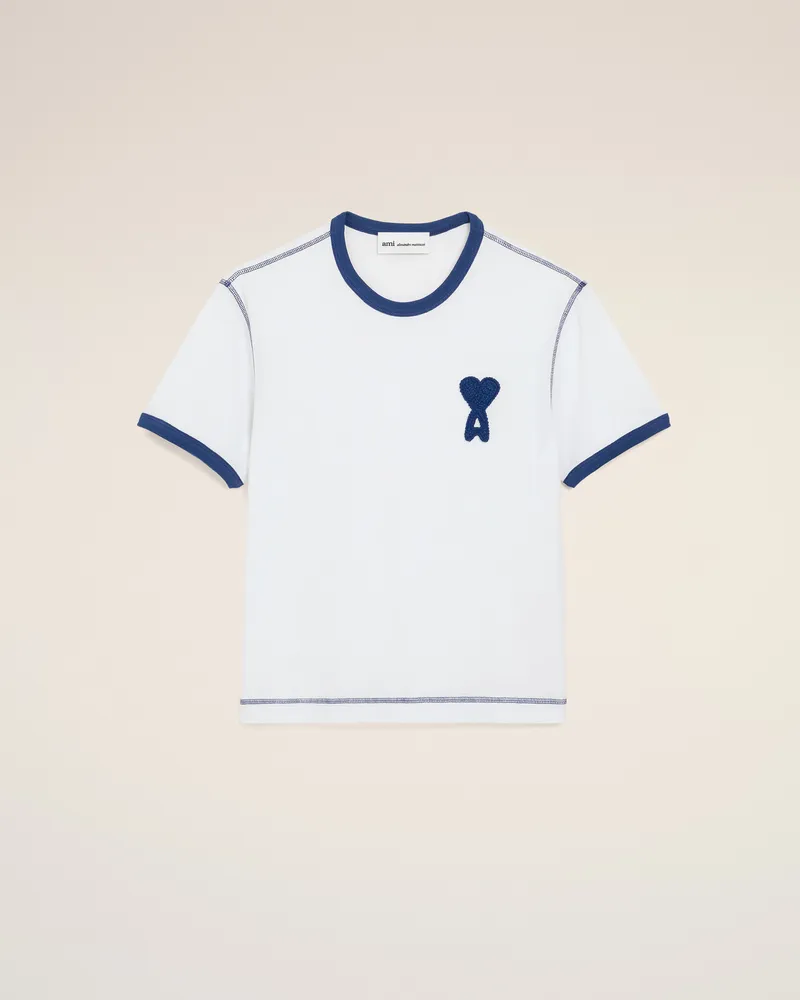 AMI Paris Weißes Ami de Coeur T-Shirt aus Baumwolle mit gestricktem Patch Weiß Unisex Weiss