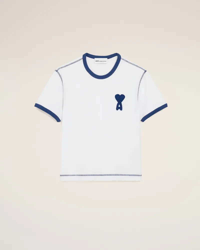 AMI Paris Weißes Ami de Coeur T-Shirt aus Baumwolle mit gestricktem Patch Weiß Unisex Weiss