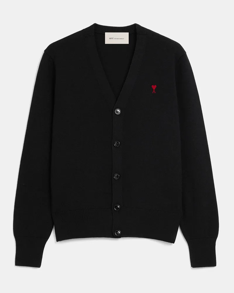 AMI Paris Ami de Coeur Cardigan aus schwarzer Wolle mit V-Ausschnitt Schwarz für Herren Schwarz
