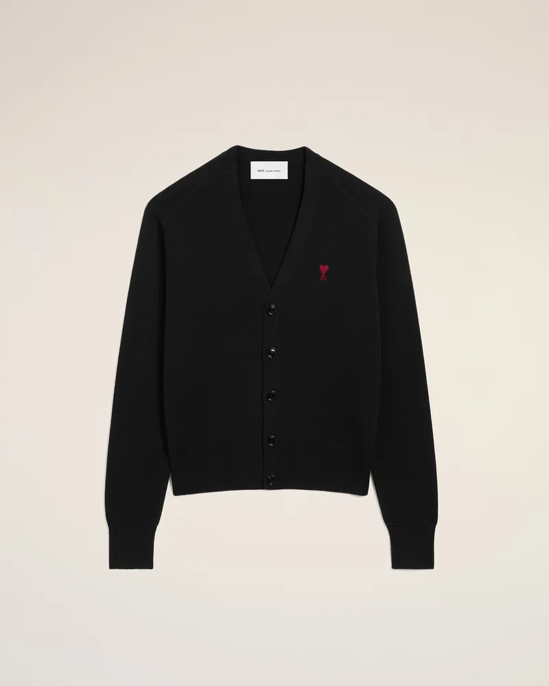 AMI Paris Ami de Coeur Cardigan aus schwarzer Wolle mit V-Ausschnitt Schwarz für Herren Schwarz