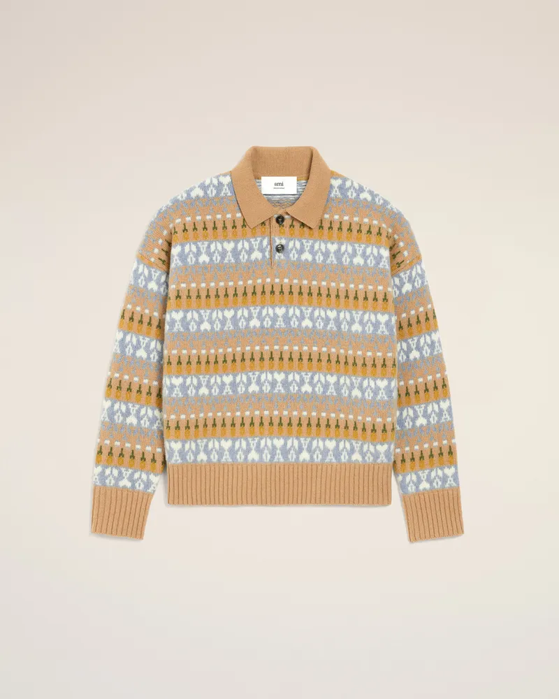 AMI Paris Polo-Pullover aus braunem Woll-Jacquard Braun Unisex Camel