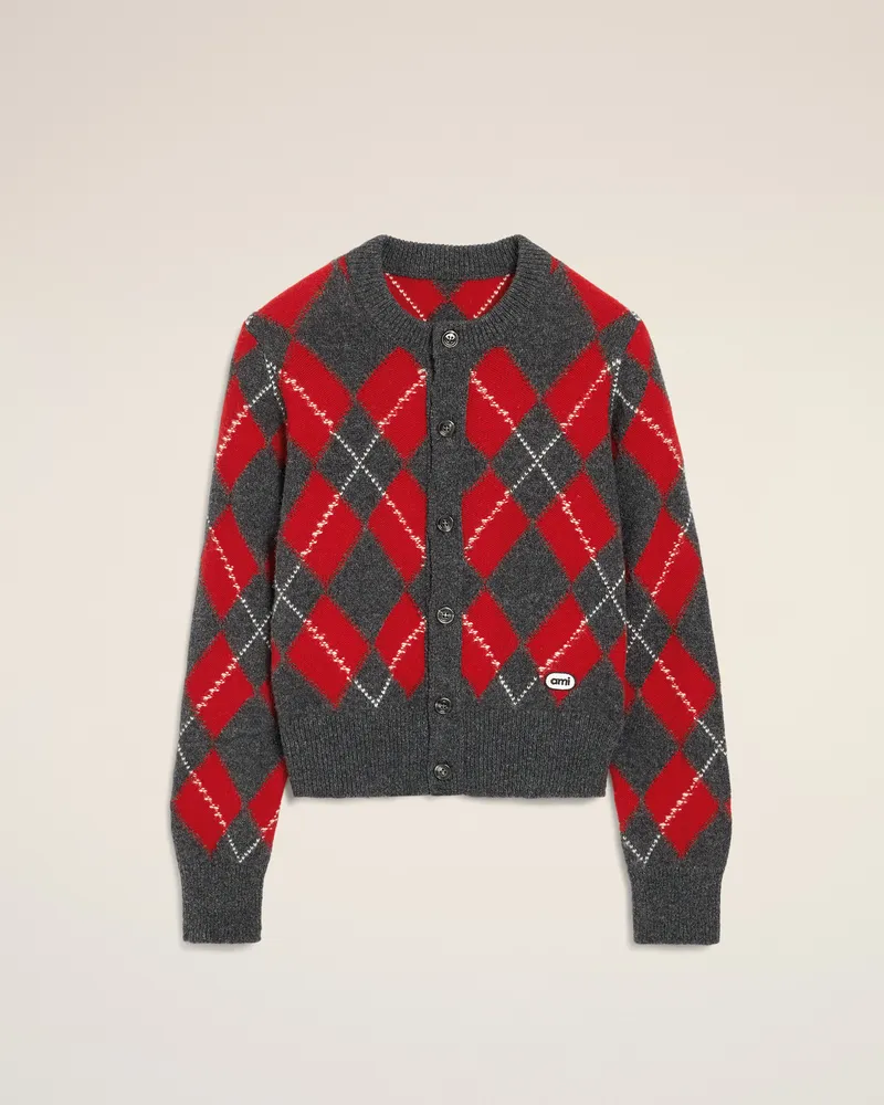 AMI Paris Cardigan aus grauer Wolle mit rotem Argyle-Muster Grau - Größe für Damen Kohlenstoffgrau