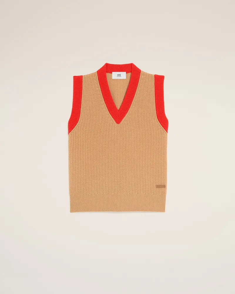 AMI Paris Ärmelloser Pullover mit V-Ausschnitt aus brauner Wolle Braun Unisex Camel