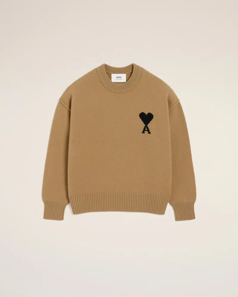 AMI Paris Ami De Coeur Pullover mit Rundhalsausschnitt aus brauner Wolle Braun Unisex Camel