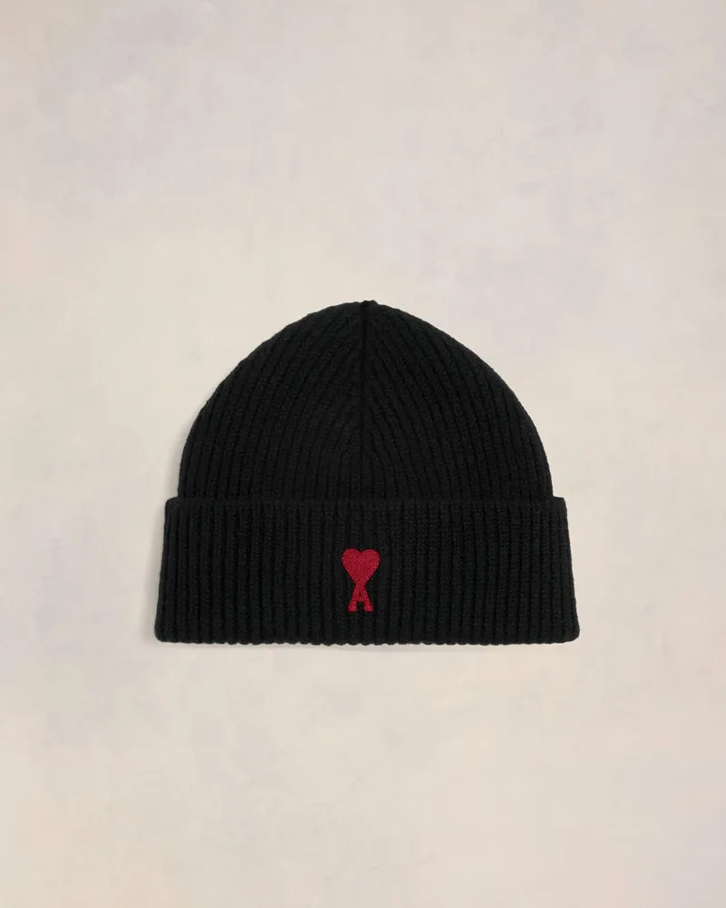 AMI Paris Ami de Coeur Mütze aus schwarzer Merinowolle Schwarz Unisex Schwarz