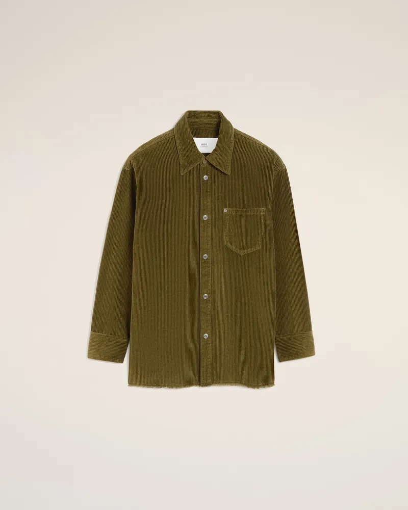 AMI Paris Überhemd aus grünem Baumwollcord mit seitlichem Schlitz Grün Unisex Bronze