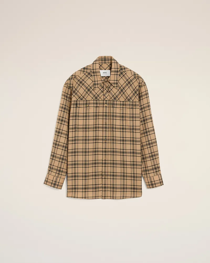 AMI Paris Kariertes Holzfällerhemd aus brauner Wolle  Braun Unisex Camel