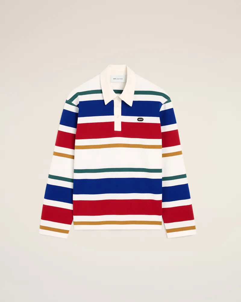 AMI Paris Gestreiftes Polohemd aus Multicolor-Baumwolle mit Ami Patch Mehrfarbig Unisex Weiss