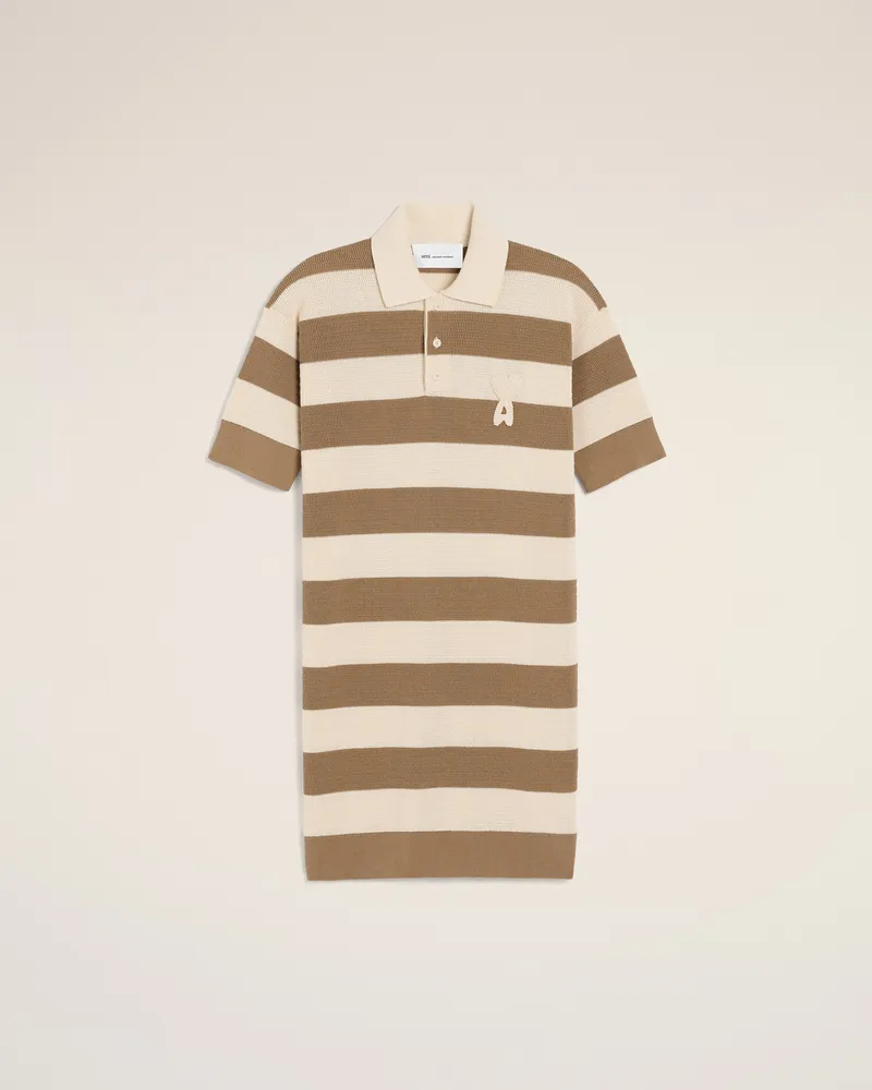 AMI Paris Weißes und braunes Baumwoll-Polokleid mit Ami De Coeur Aufnäher Mehrfarbig für Damen Cremeweiss