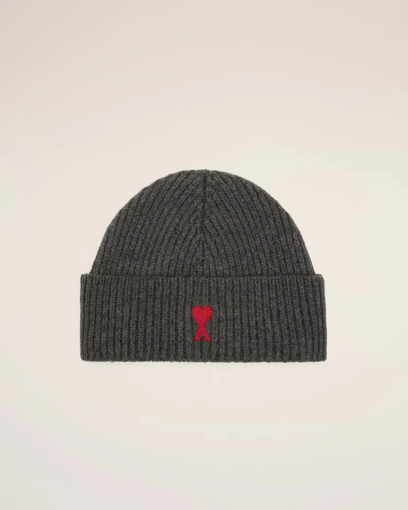 AMI Paris Ami de Coeur Mütze aus grauer Merinowolle Grau Unisex Heather
