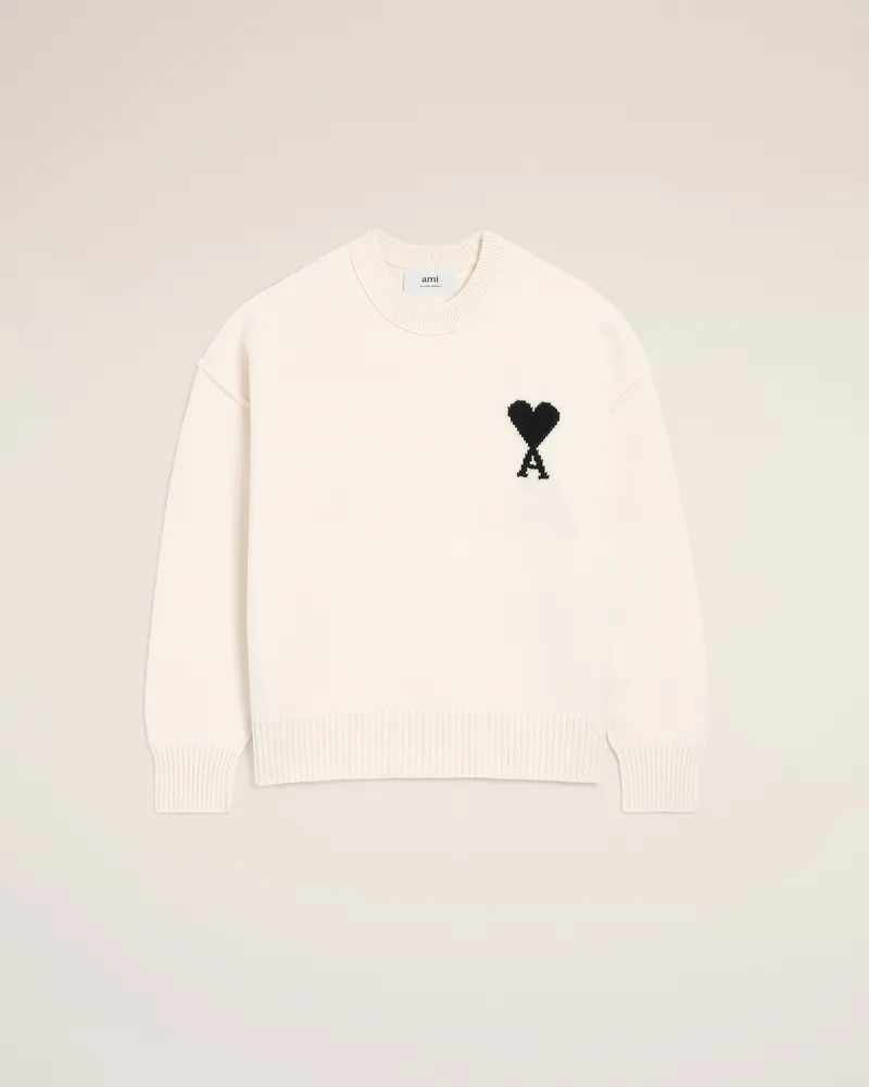 AMI Paris Ami De Coeur Pullover mit Rundhalsausschnitt aus Wolle in Weiß Weiß Unisex Offweiss