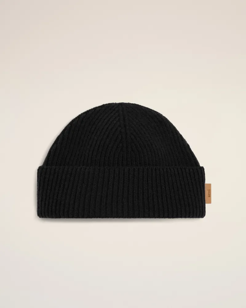 AMI Paris Ami Beanie aus schwarzer Wolle mit Lederetikett Schwarz Unisex Schwarz