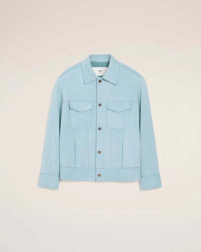 AMI Paris Blaue Truckerjacke aus Leder Blau Unisex Sky