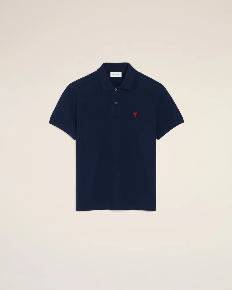 AMI Paris Ami De Coeur Poloshirt aus blauer Bio-Baumwolle Blau Unisex Nachtblau