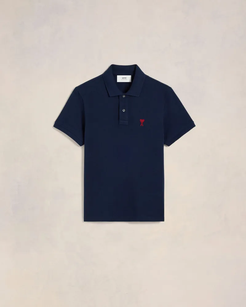 AMI Paris Ami De Coeur Poloshirt aus blauer Bio-Baumwolle Blau Unisex Nachtblau