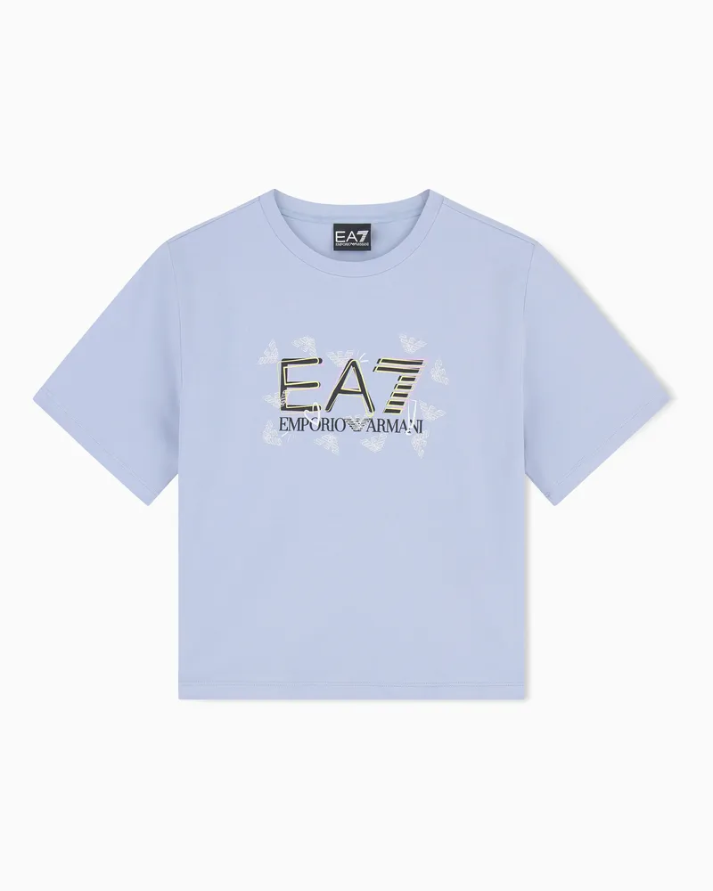 EA7 Logo Series Girl T-Shirt aus Baumwollstretch Hellblau