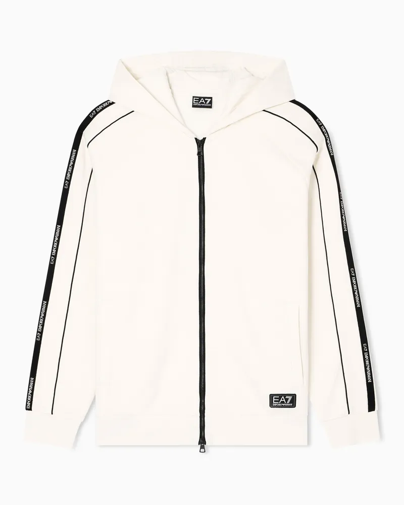 EA7 Logo Series Sweatshirt mit Kapuze und Reißverschluss, gefertigt aus einer Baumwoll-Mischung Weiß