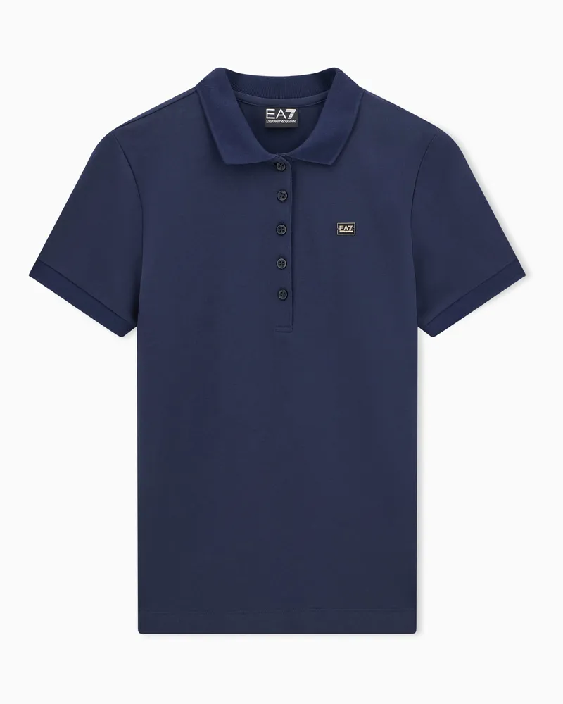 EA7 Baumwollstretch-Jersey Poloshirt mit Metalllogo Core Lady Marineblau