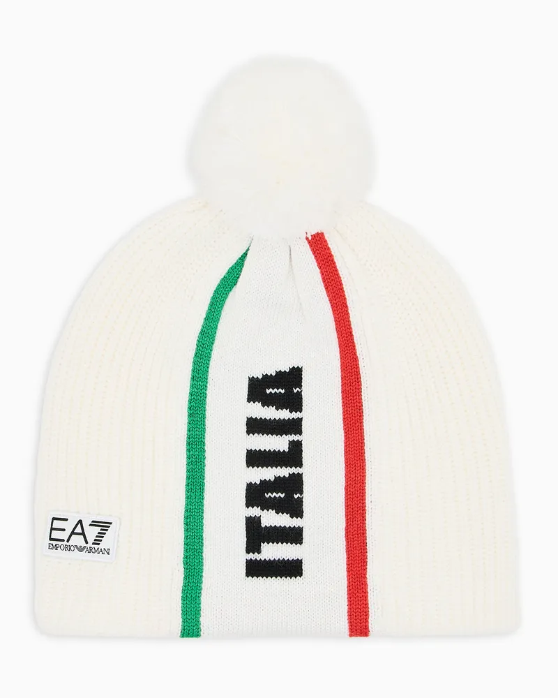 EA7 Bommelmütze aus Wollmischung Weiß