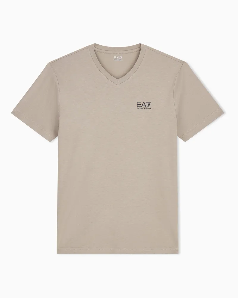 EA7 Core Identity T-Shirt mit V-Ausschnitt aus Baumwollstretch-Jersey Beige
