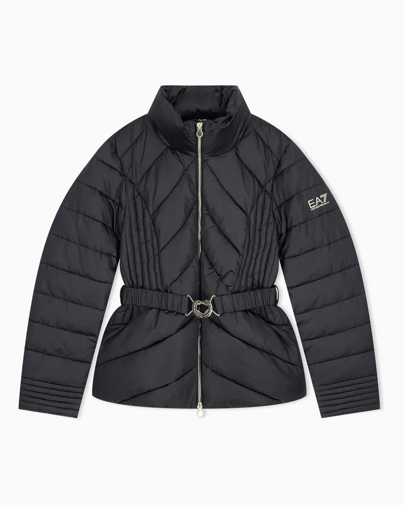 EA7 Wattierte Bomberjacke aus glänzendem Polyamid mit Kapuze Schwarz