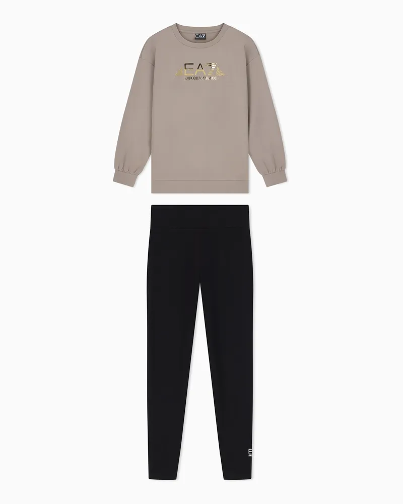 EA7 Trainingsanzug Logo Series Girl mit Leggings Baumwollmix Beige