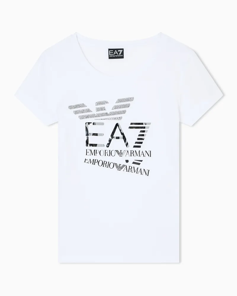 EA7 Logo Series T-Shirt aus Baumwollstretch mit Rundhalsausschnitt und Print Weiß