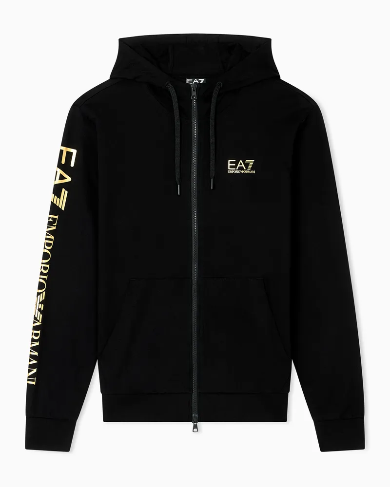 EA7 Logo Series Sweatshirt mit Kapuze und Reißverschluss, gefertigt aus Baumwolle Schwarz