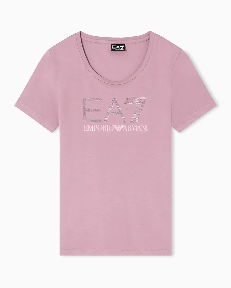 EA7 Logo Series T-Shirt aus Baumwollstretch mit Rundhalsausschnitt und Strass-Details Pink