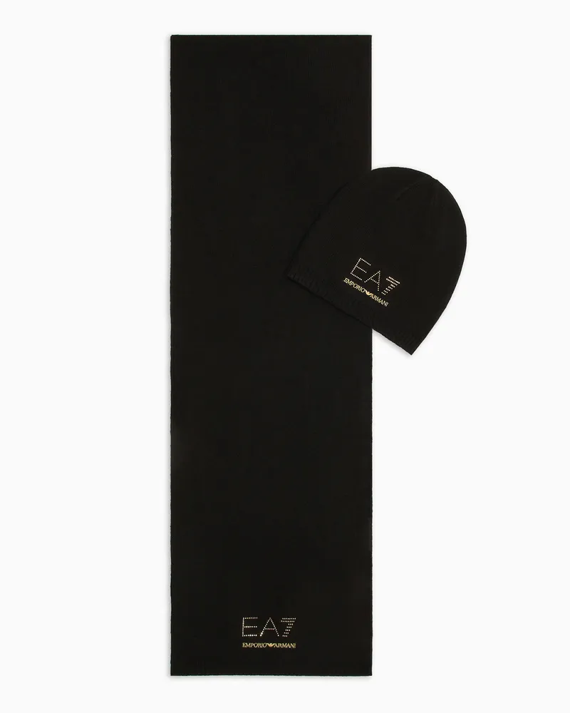 EA7 Geschenkset bestehend aus Beanie und Schal mit Nieten-Logo Schwarz