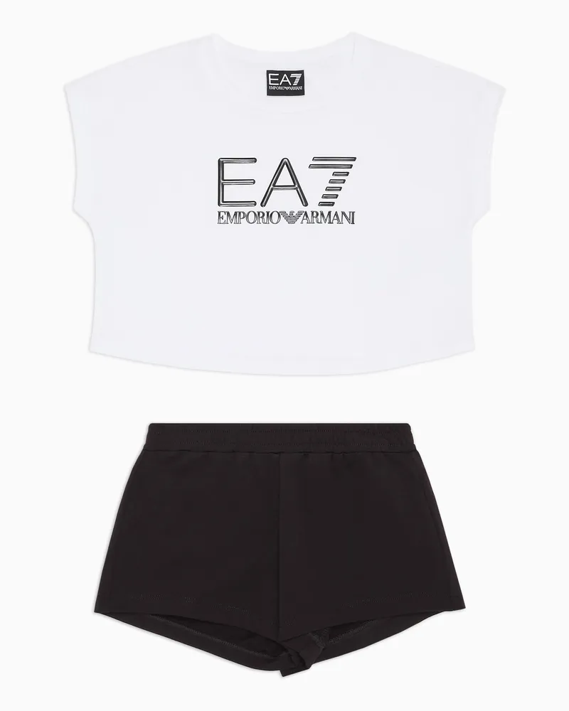 EA7 Logo Series Girl Set aus T-Shirt und Shorts, gefertigt aus Baumwolle Weiß