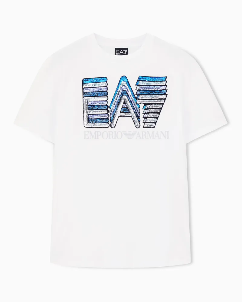 EA7 Logo Series T-Shirt aus Jersey mit mehrfarbigen Pailletten Weiß