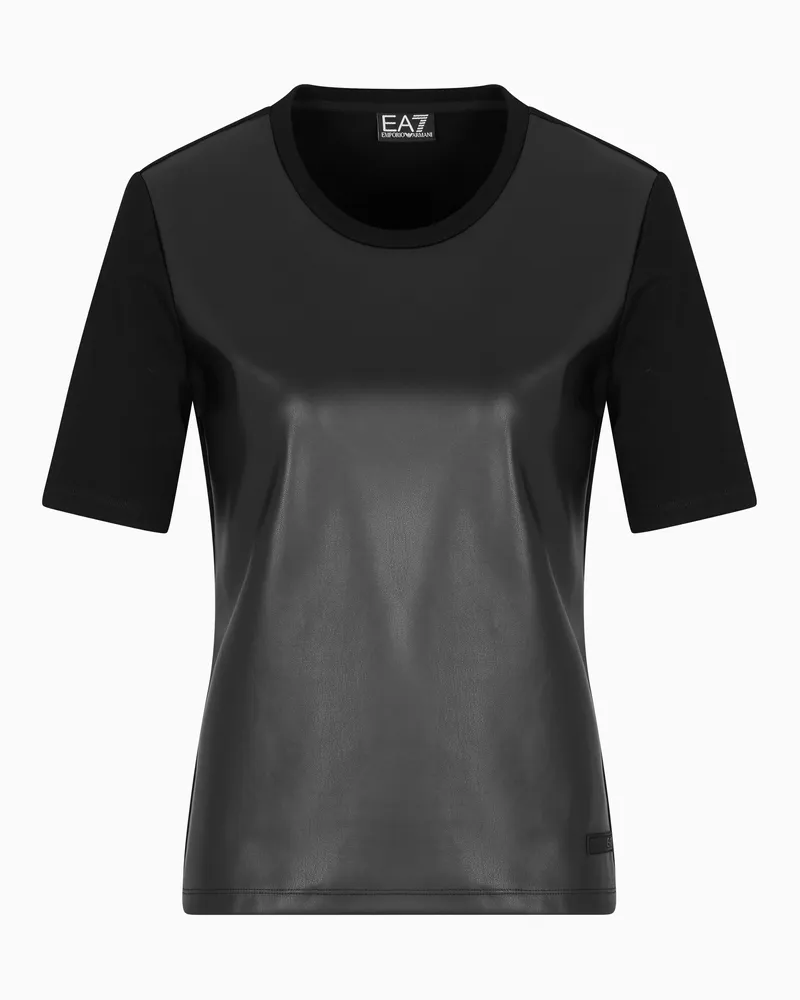 EA7 Winter Mix T-Shirt mit Rundhalsausschnitt aus Stoff in Leder-Optik Schwarz
