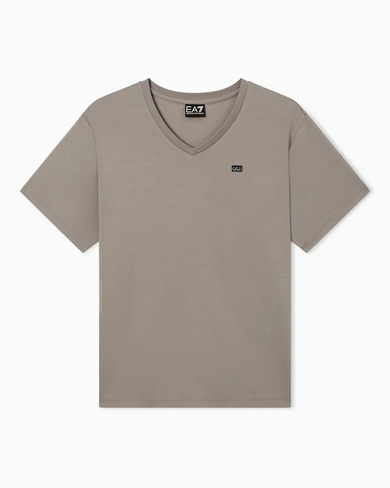 EA7 Core Lady T-Shirt mit V-Ausschnitt aus Baumwollstretch-Jersey Beige
