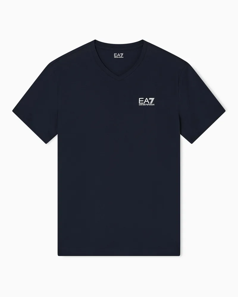 EA7 Core Identity T-Shirt mit V-Ausschnitt aus Baumwollstretch-Jersey Blau