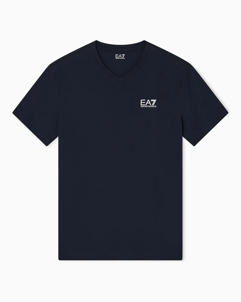 EA7 Core Identity T-Shirt mit V-Ausschnitt aus Baumwollstretch-Jersey Blau