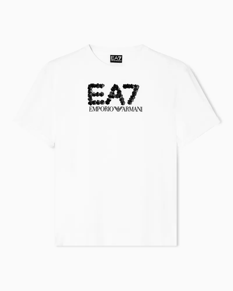 EA7 Logo Series T-Shirt mit Rundhalsausschnitt aus Baumwoll-Jersey mit Pailletten Weiß