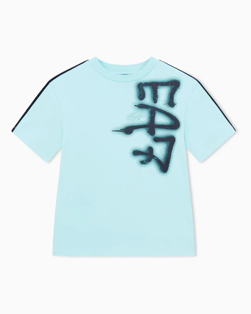 EA7 Logo Series Boy T-Shirt mit Rundhalsausschnitt und Graffiti-Print, gefertigt aus reiner Baumwolle Hellblau