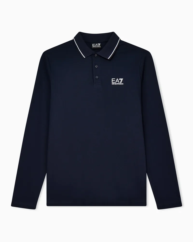 EA7 Core Identity Poloshirt mit langen Ärmeln aus Baumwollstretch Blau