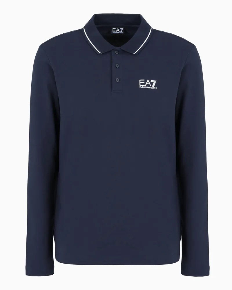 EA7 Core Identity Poloshirt mit langen Ärmeln aus Baumwollstretch Blau