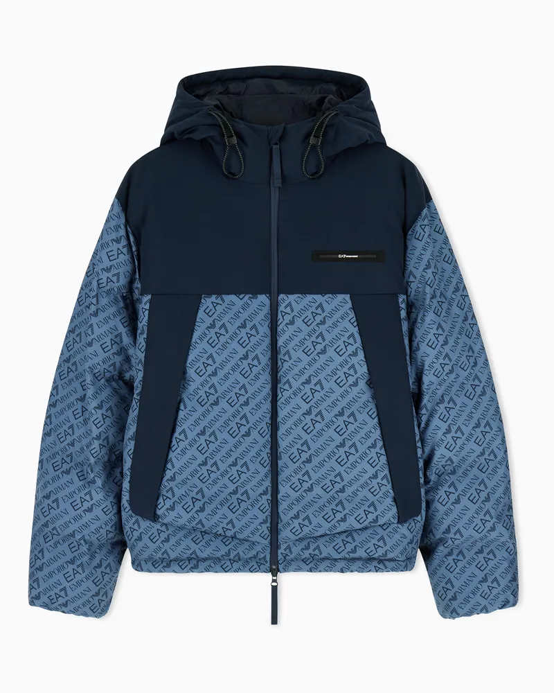 EA7 Bomberjacke mit verstellbarer Kapuze und Logo-Muster Hellblau